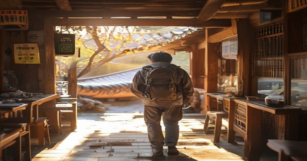 초복 여행지 장어 전문점 입구에서 배낭을 멘 여행객